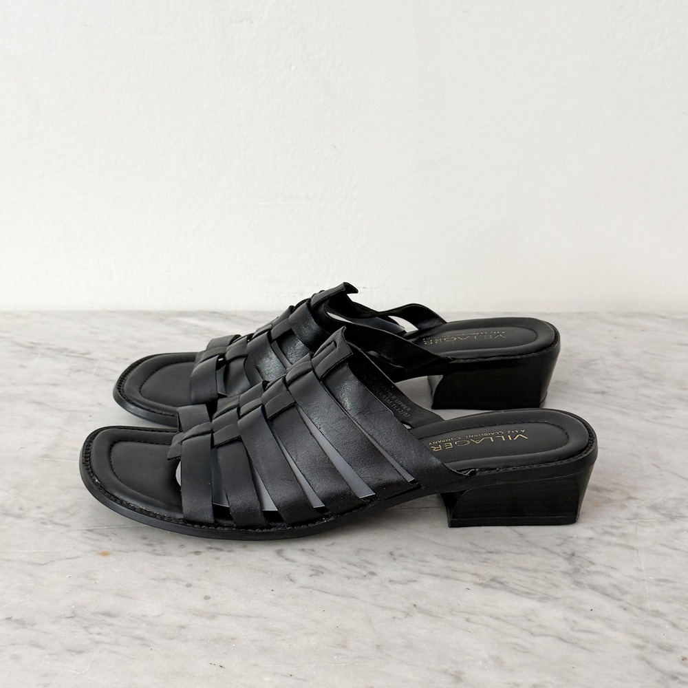 Villager Liz Claiborne Woven Leather Slide Sandals 8.5M Black Square Toe Mules